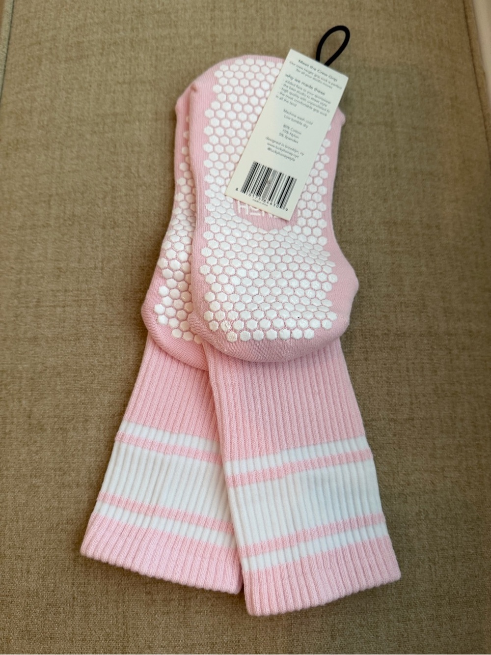 Lucky Honey Women’s The Crew Stripe Grip Pilates Socks in Pop Pink